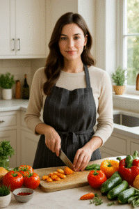 Olivia Maze cooking healthy recipes with fresh vegetables for salad, juice, and cocktail inspiration