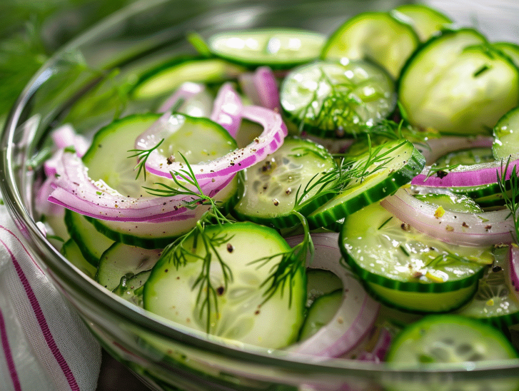 Fresh cucumber salad with red onions, dill, and black pepper in a glass bowl.