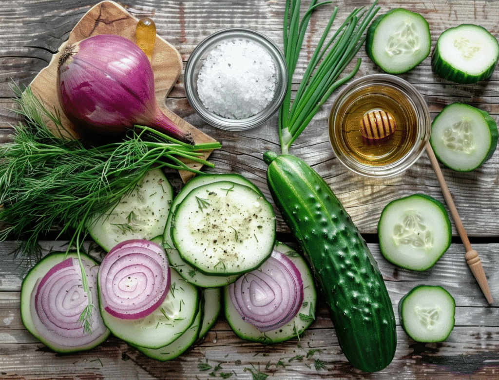 Fresh cucumber salad ingredients with cucumber, red onion, dill, chives, sea salt, and honey on rustic wooden table