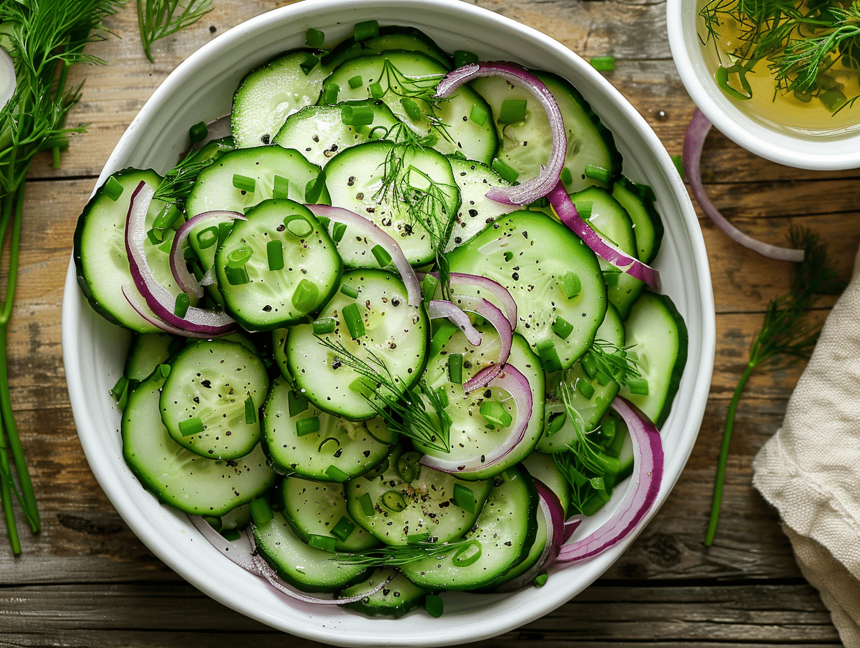 Cucumber salad with thinly sliced cucumbers, red onions, fresh dill, and chives in a white bowl
