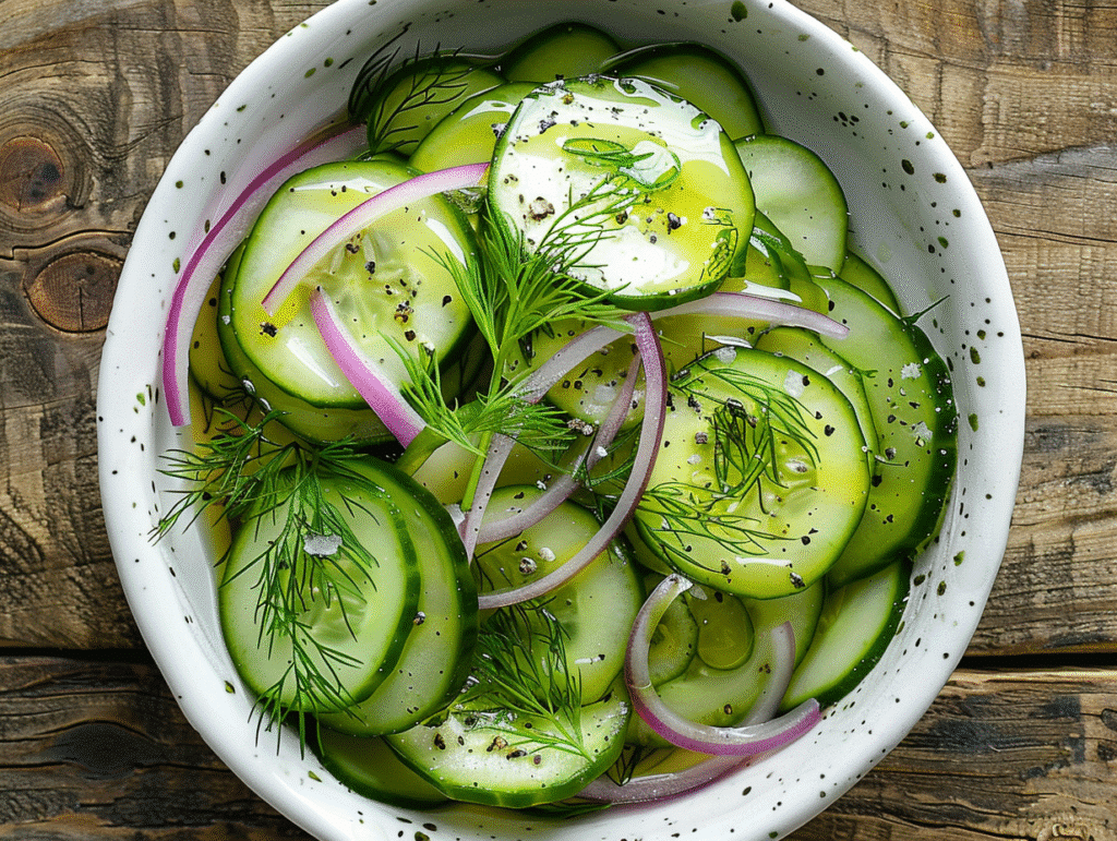 Cucumber salad preparation with sliced cucumbers, red onions, fresh dill, and vinegar dressing in a white bowl