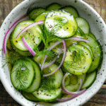 Cucumber salad preparation with sliced cucumbers, red onions, fresh dill, and vinegar dressing in a white bowl