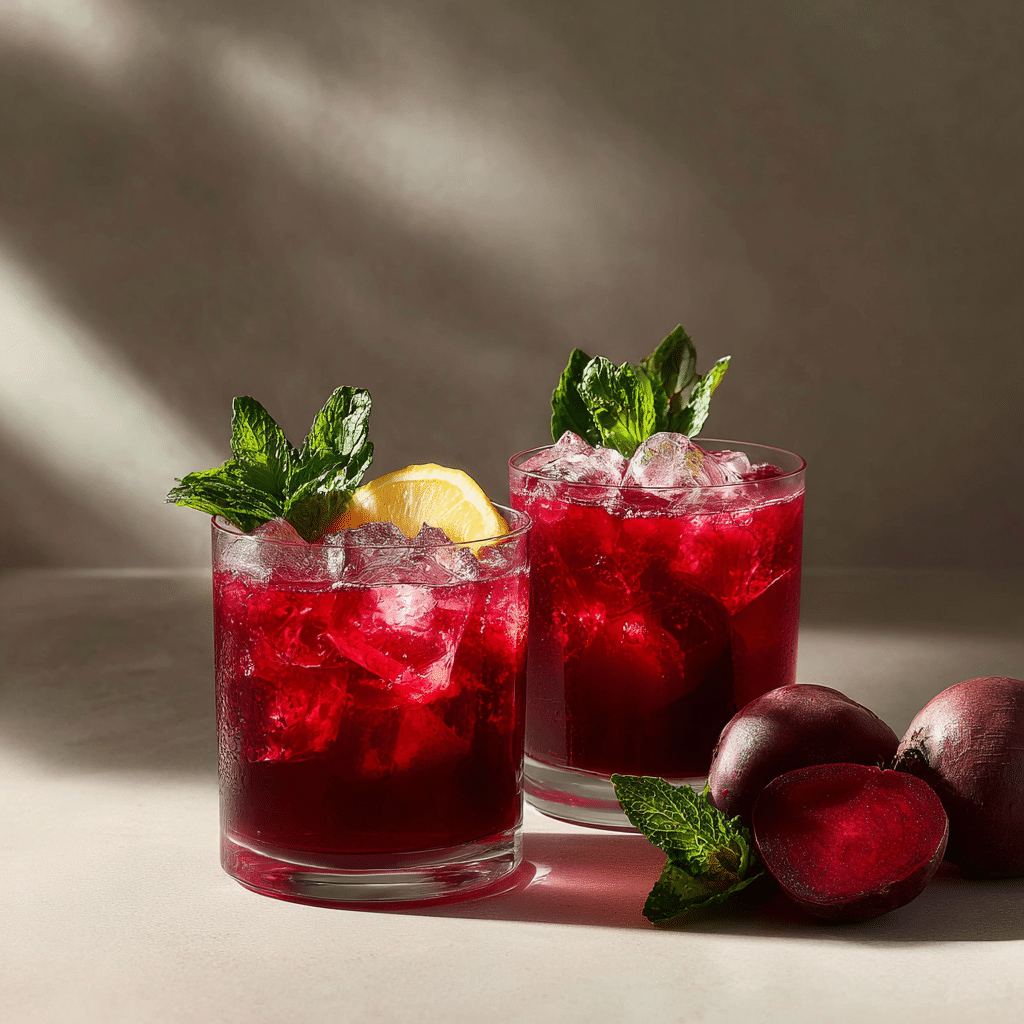 Serving Beet Juice with ice, mint, and lemon