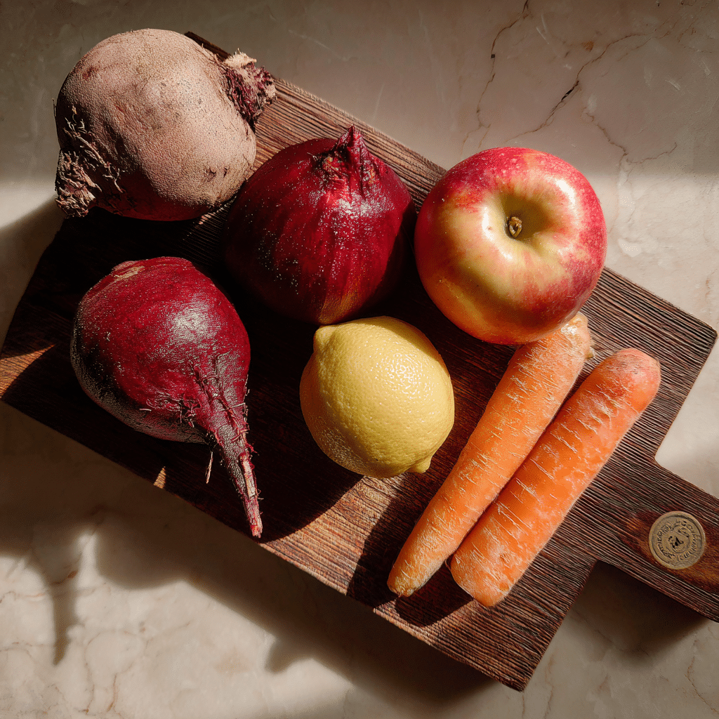 Ingredients for Beet Juice (beets, apple, carrot, lemon, ginger)