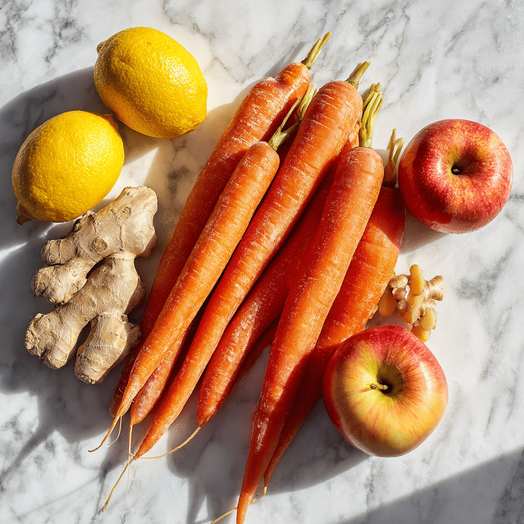 Fresh carrots, lemon, apple, and ginger for carrot juice