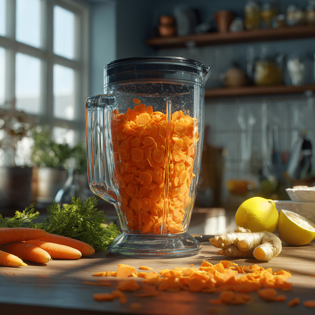 Blending fresh carrots and ginger to make juice