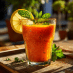 Served carrot juice with mint and lemon garnish