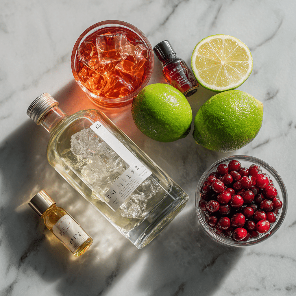 Cosmopolitan Cocktail Magic, Your Ultimate Guide To The Virgin Cosmo 7 Flat lay of ingredients for Cosmopolitan Cocktail Non-Alcoholic