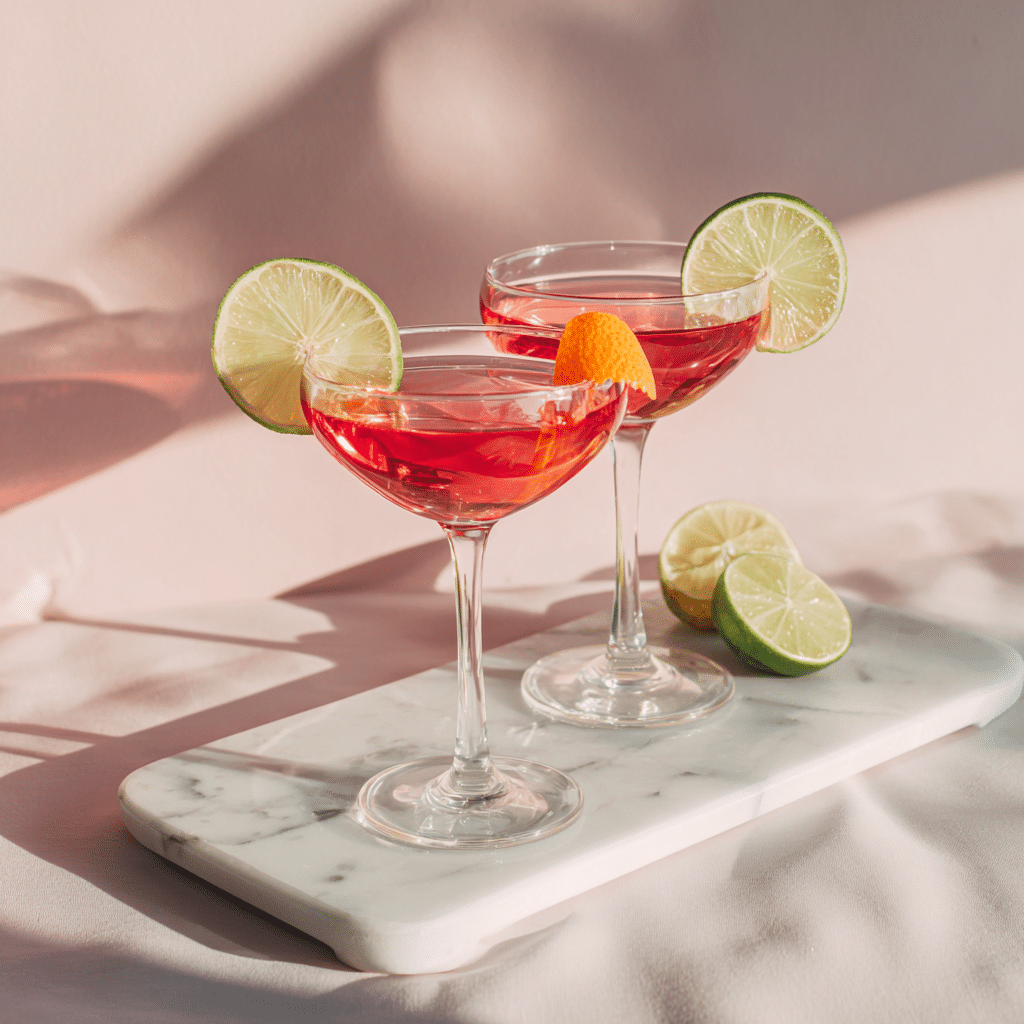 Served Cosmopolitan Cocktail Non-Alcoholic with lime and orange garnish