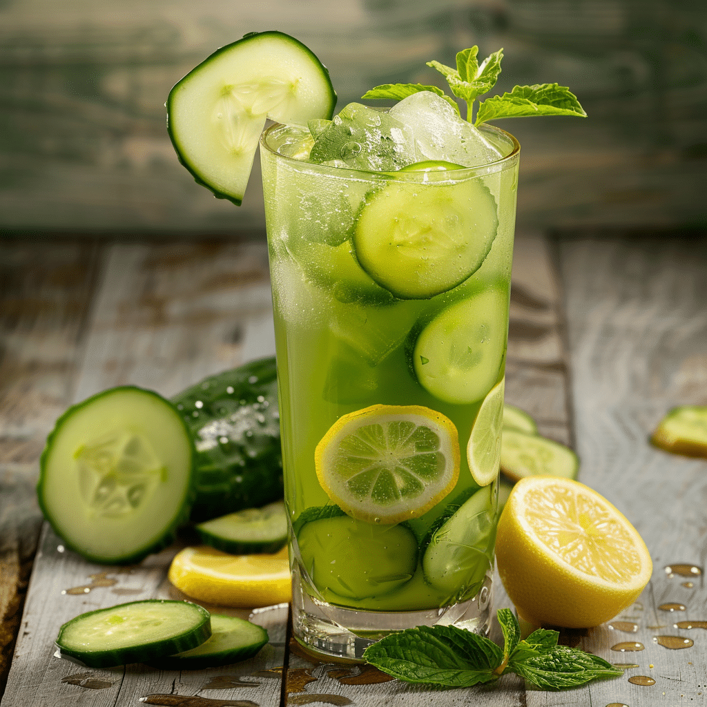 Cucumber juice served with lemon and mint on wooden table