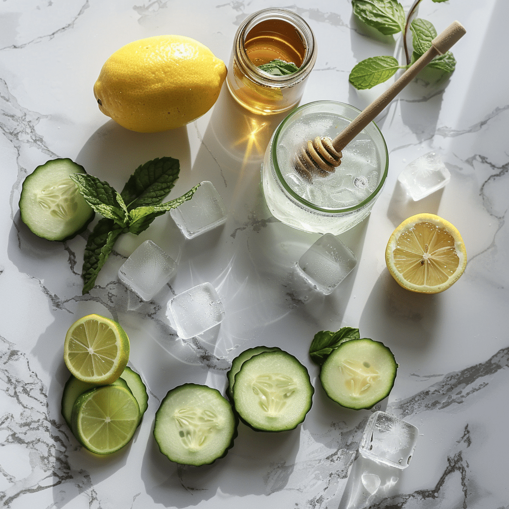 Fresh cucumber juice ingredients – cucumber, lemon, mint, and honey