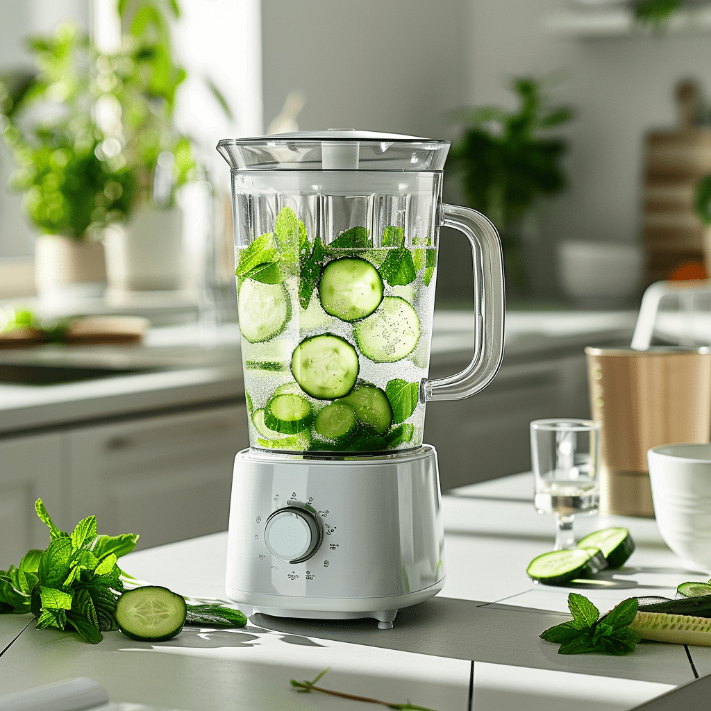 Blending cucumbers and mint to make fresh cucumber juice