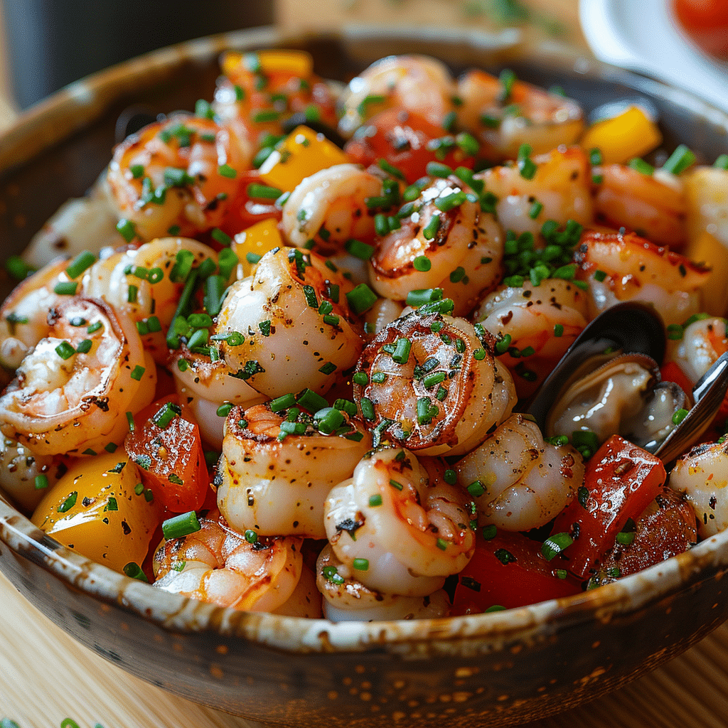 Frutti di Mare seafood salad with shrimp, scallops, clams, tomatoes, bell peppers, and chives served in a rustic bowl with lemon dressing