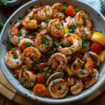 Close-up of authentic Frutti di Mare seafood salad with shrimp, clams, scallops, cherry tomatoes, bell peppers, and chives in a ceramic bowl