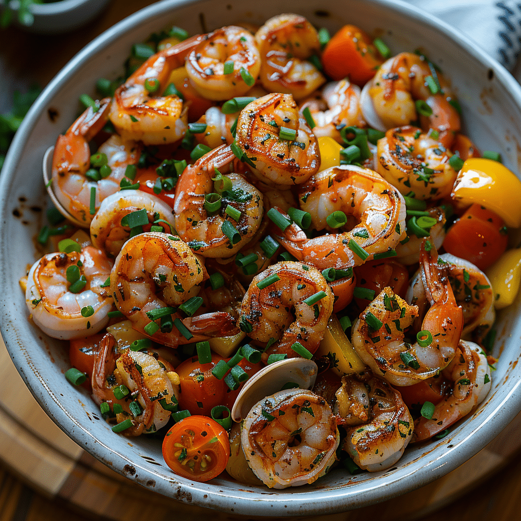 Close-up of authentic Frutti di Mare seafood salad with shrimp, clams, scallops, cherry tomatoes, bell peppers, and chives in a ceramic bowl