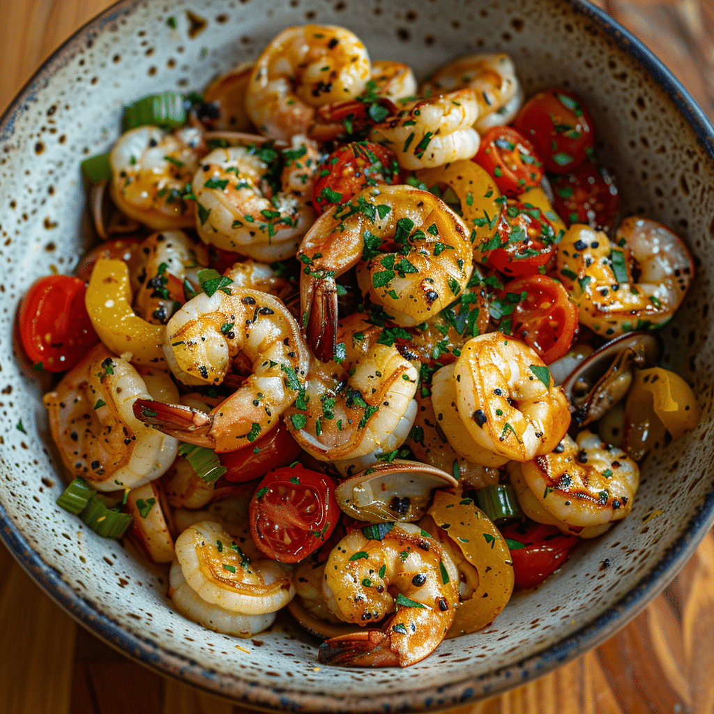 Frutti di Mare seafood salad with shrimp, scallops, clams, calamari, cherry tomatoes, and herbs in a ceramic bowl