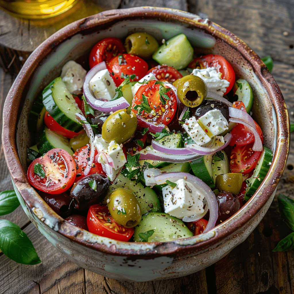 Authentic Greek Salad with feta, cucumber, and olives