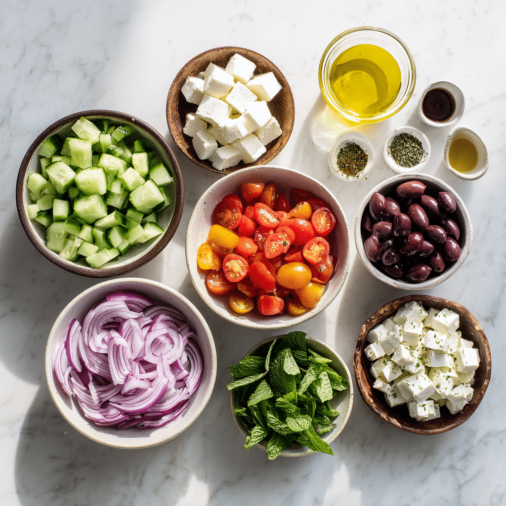 Fresh Greek Salad ingredients displayed on a marble countertop
