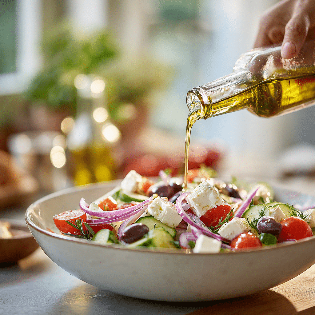 Tossing Greek Salad with olive oil dressing