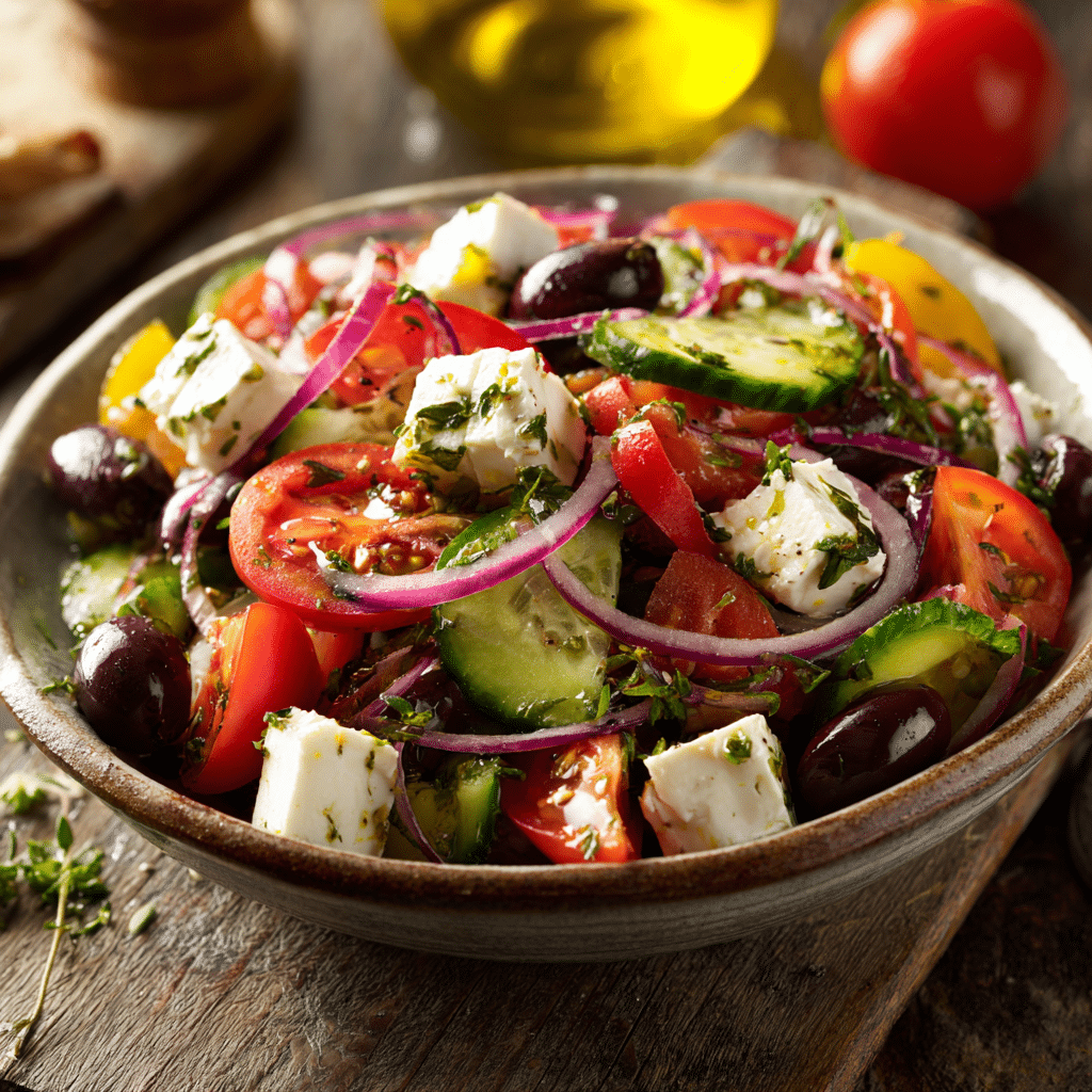 Authentic Greek Salad served with feta and mint