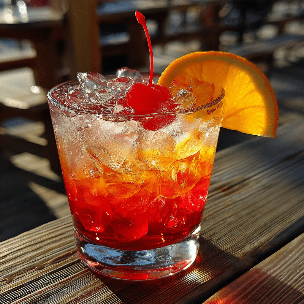 Shirley Temple drink with cherry and orange garnish
