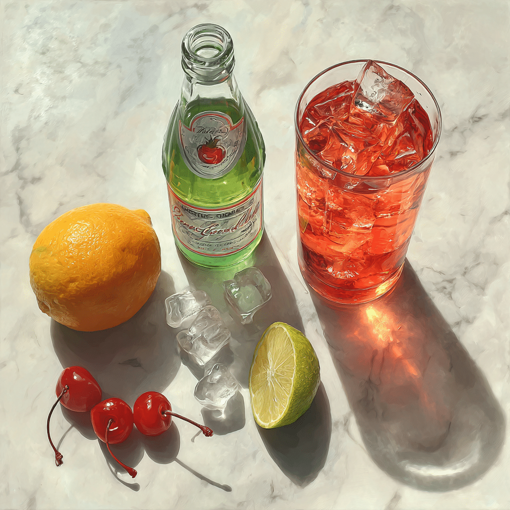 Shirley Temple drink ingredients on marble table