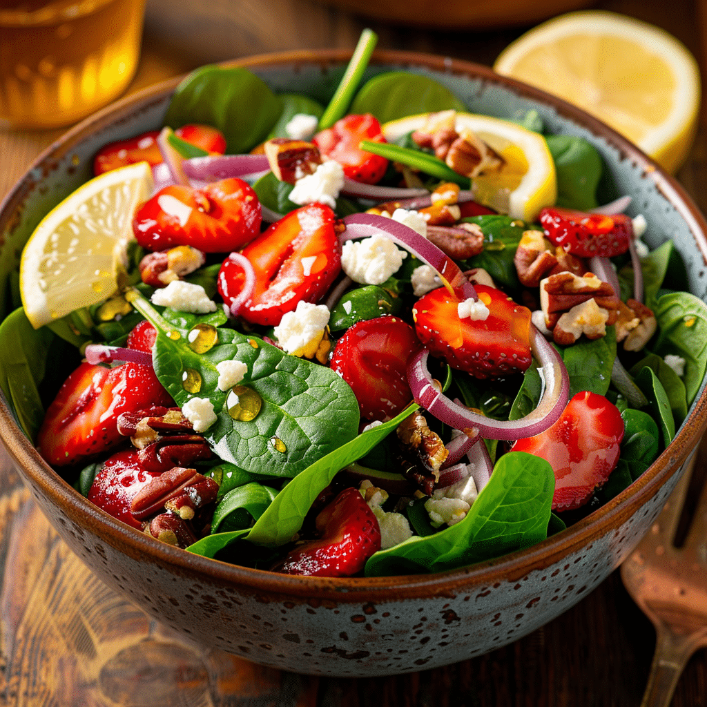 Bowl of fresh strawberry spinach salad with feta, pecans, red onion, and lemon slices on a rustic wooden table.