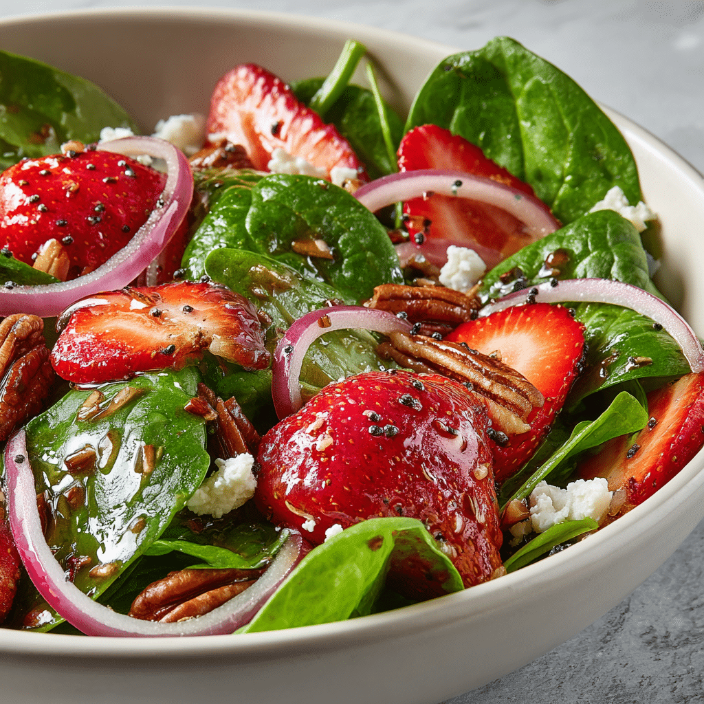 Ingredients for strawberry spinach salad with feta and pecans