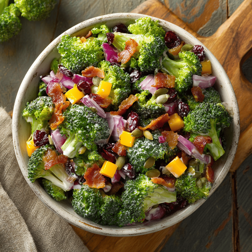 Broccoli salad recipe featured bowl with cheddar, bacon and sunflower seeds