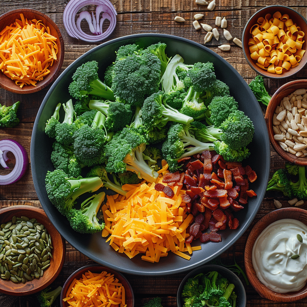 broccoli salad recipe ingredients flatlay