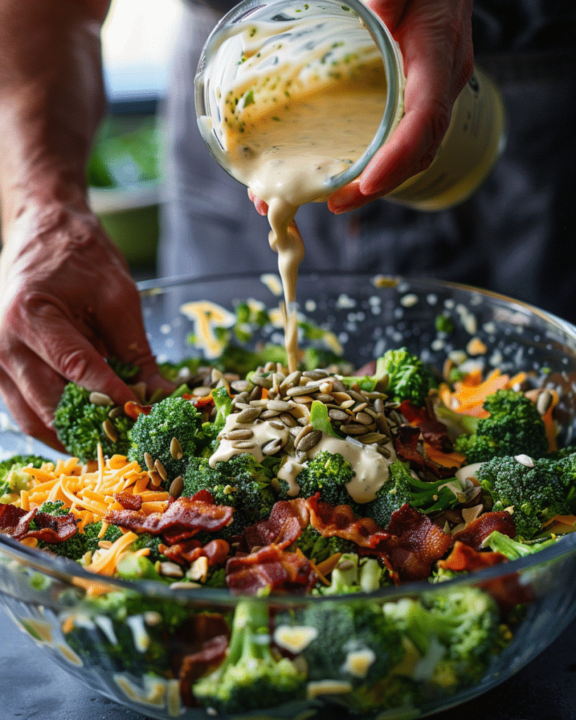 broccoli salad recipe preparation mixing bowl