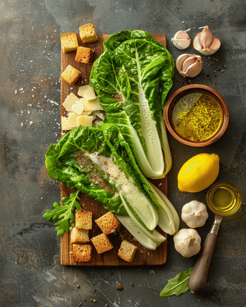 Ingredients for Caesar salad laid out on a board