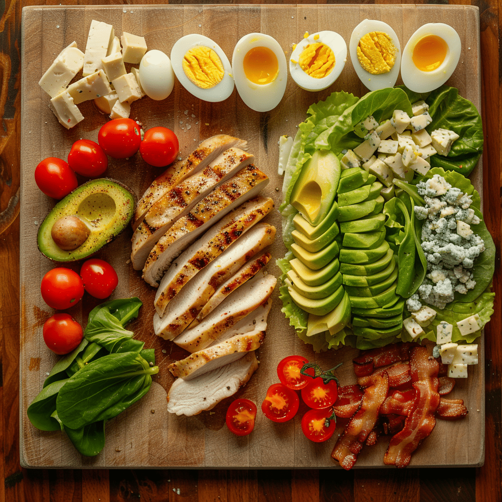 Fresh ingredients for Cobb Salad with Chicken on a board