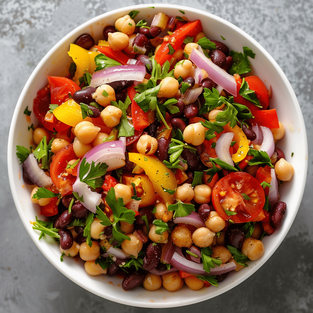 Dense bean salad meal with mixed beans and vegetables