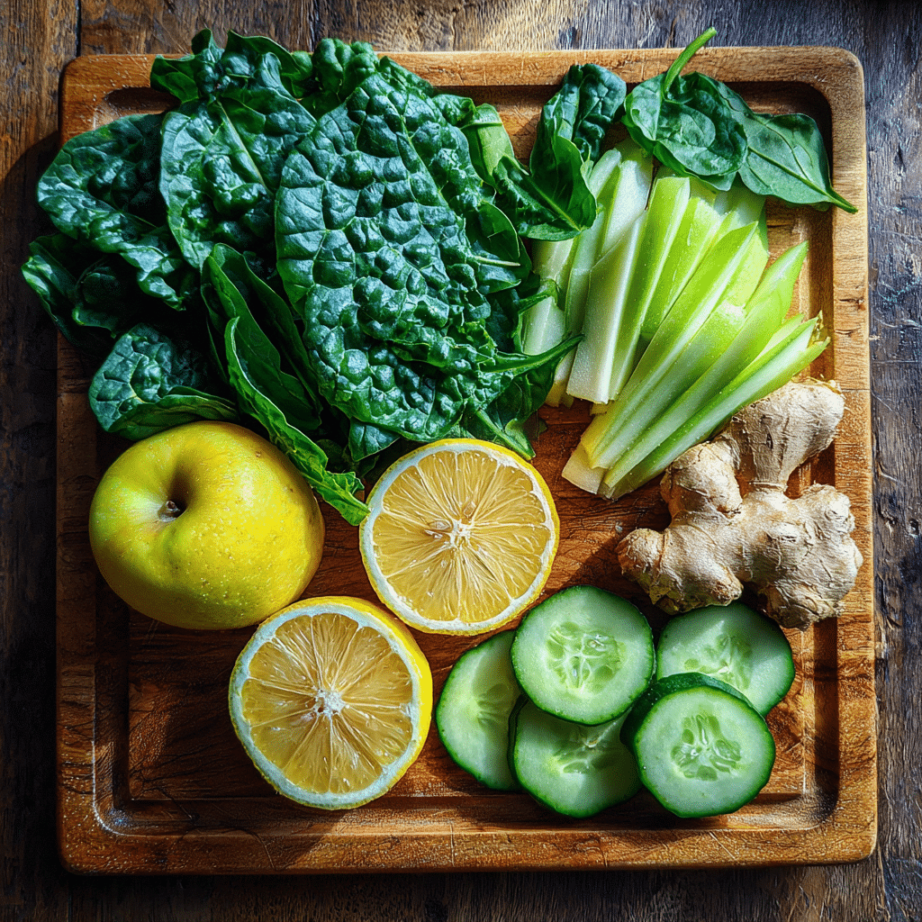 Ingredients for green detox juice including spinach and apple