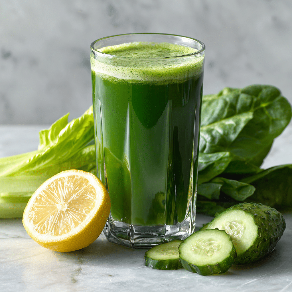 Green detox juice in a glass with spinach and cucumber