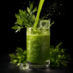 Serving glass of green detox juice being poured