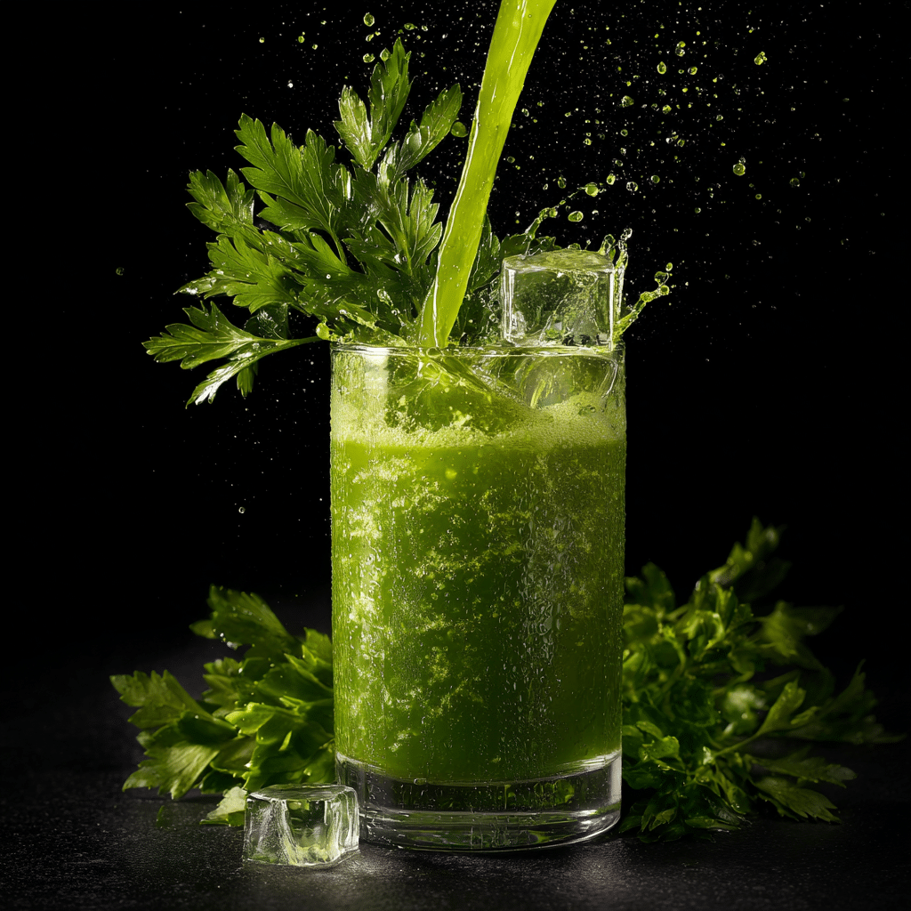 Serving glass of green detox juice being poured