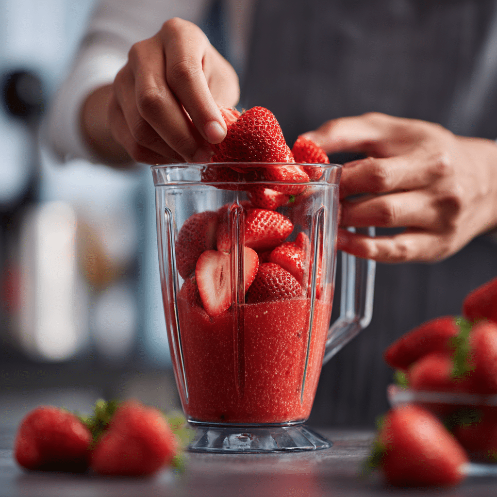 Blending strawberries to make strawberry juice