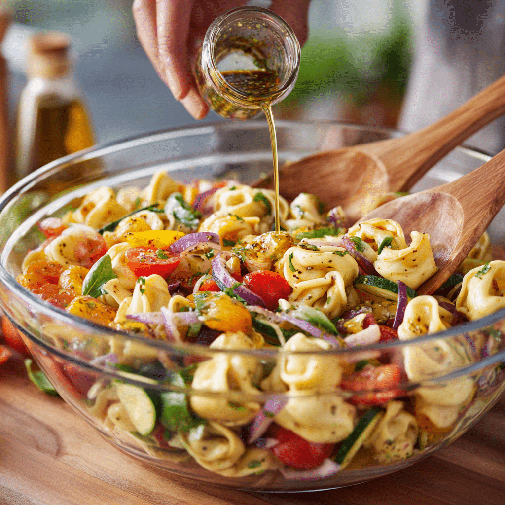 Mixing tortellini salad with vegetables and Italian dressing in a bowl