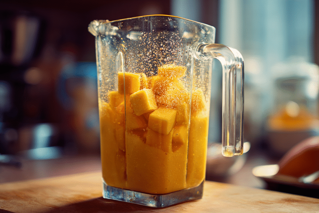 Blending mango chunks to make fresh mango juice