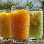 Mango juice variations served in three glasses