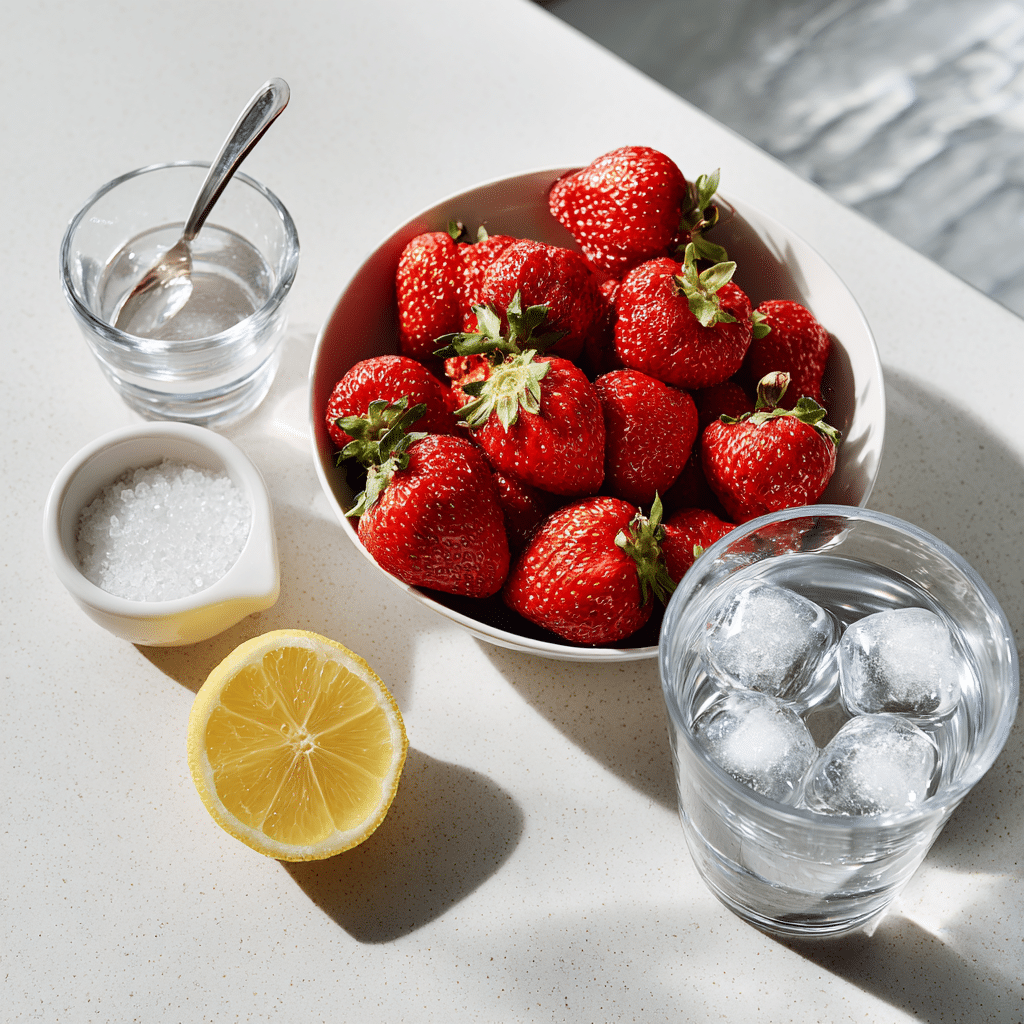 Ingredients for strawberry juice including strawberries, lemon, sugar, and water