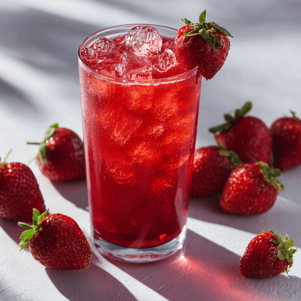 Strawberry juice served cold with ice and fresh strawberry garnish