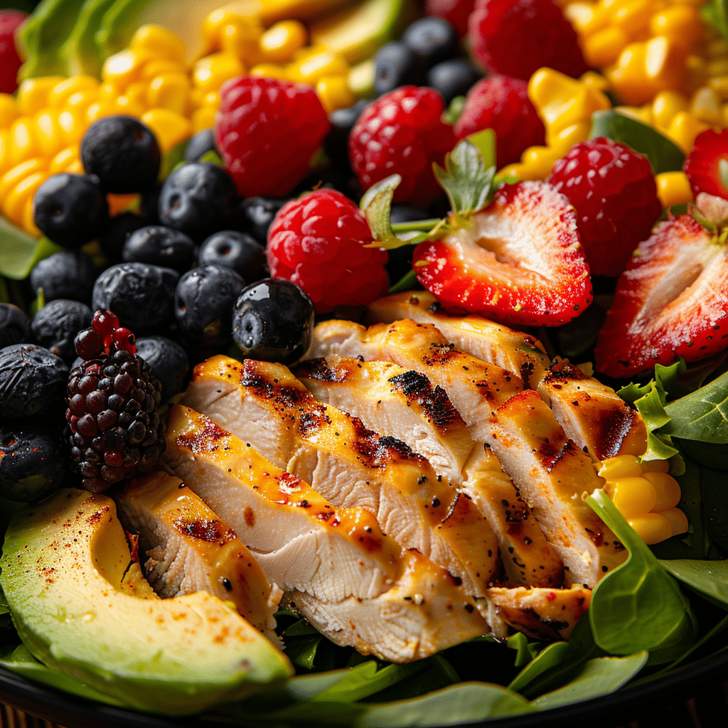 Summer variation of Cobb Salad with Chicken and seasonal produce