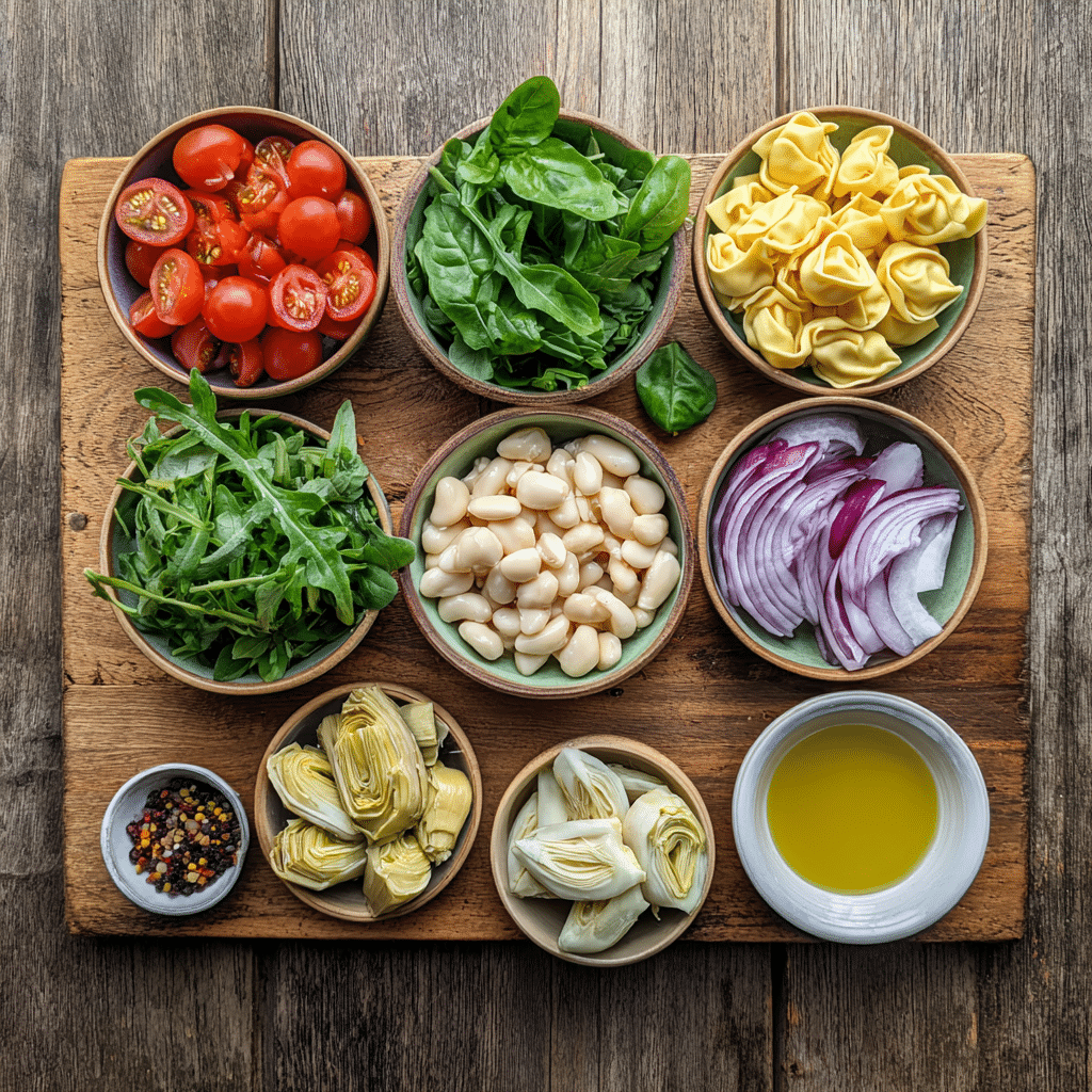 Tortellini salad ingredients including tomatoes, arugula, basil, pepperoncini, and cheese tortellini