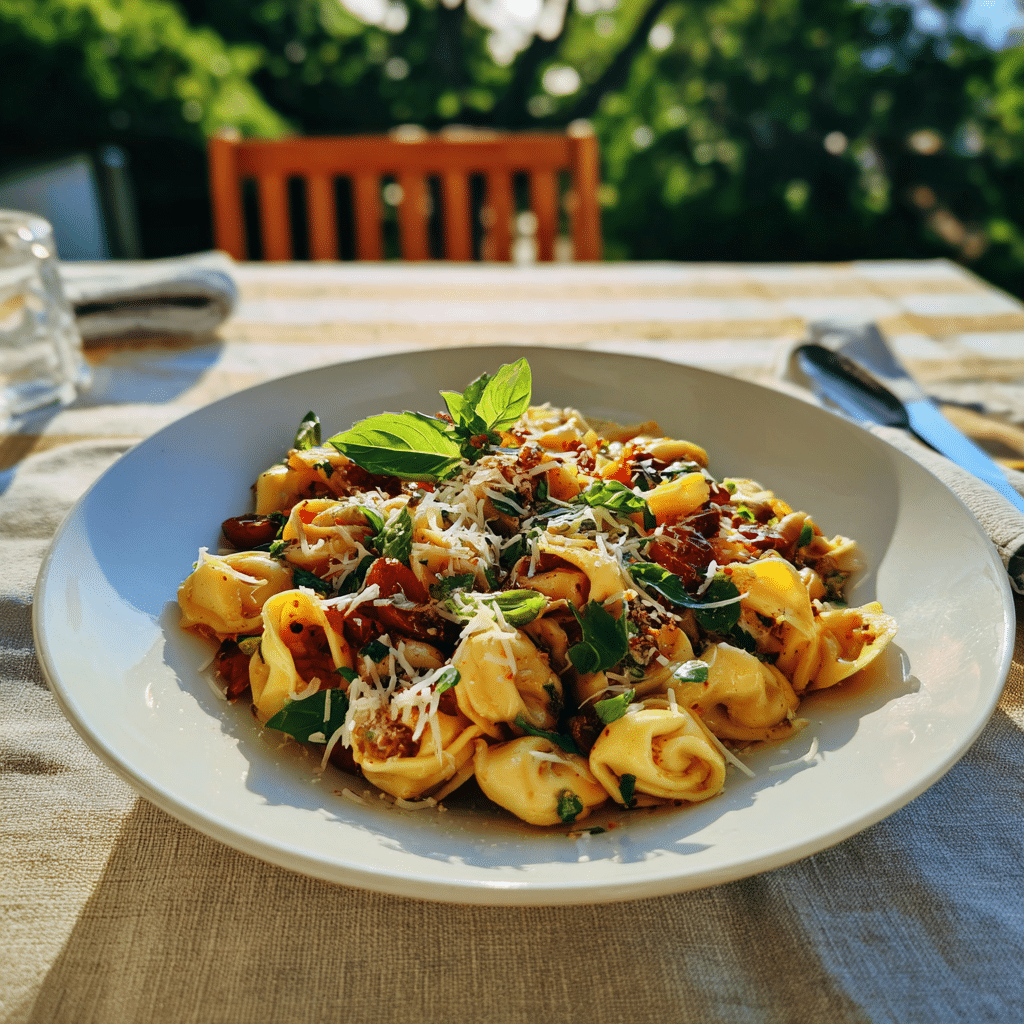 Tortellini salad served on a white plate with basil and Parmesan