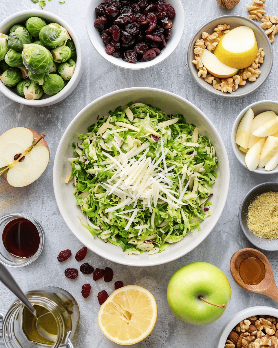 Flat lay of Brussels sprouts, apples, nuts, cranberries, and vinaigrette ingredients