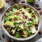 Shredded Brussels sprout salad with apples, pecans, cranberries, and Parmesan