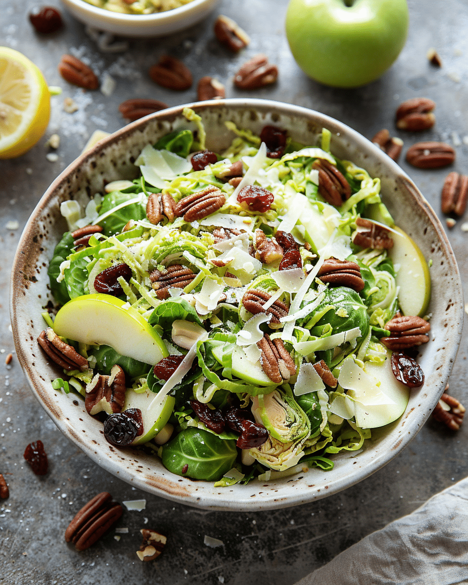 Shredded Brussels sprout salad with apples, pecans, cranberries, and Parmesan